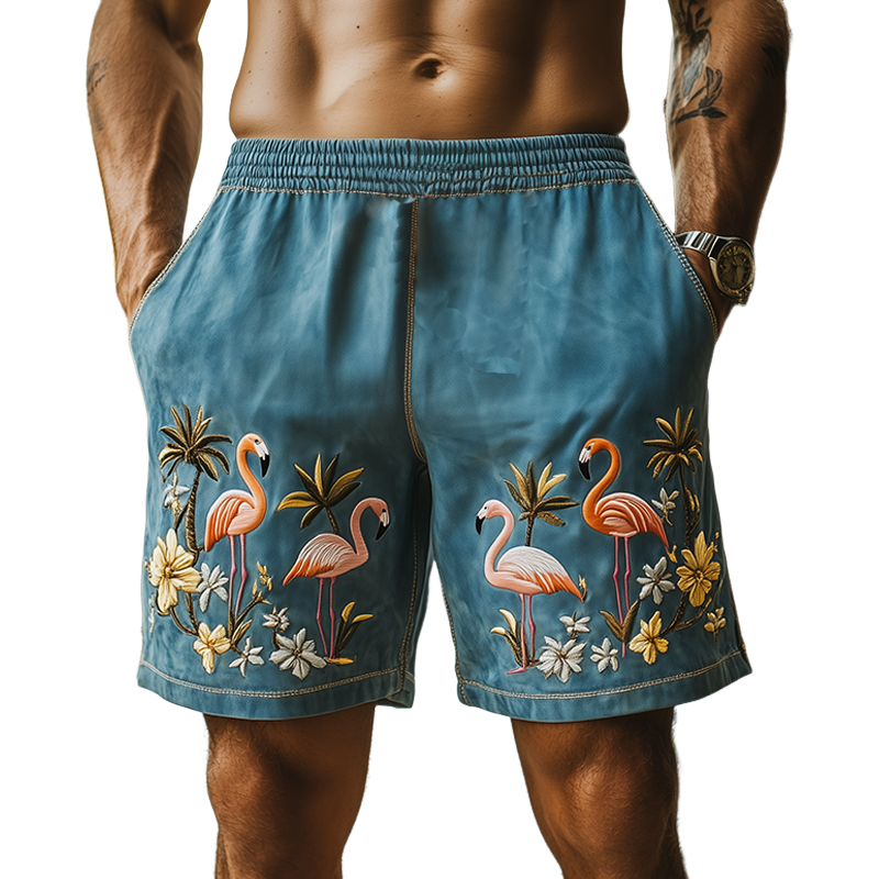 Men's Summer Fashion Casual Hawaiian Style Thin Suede Embroidered Elastic Waist Shorts MTA2350D3K