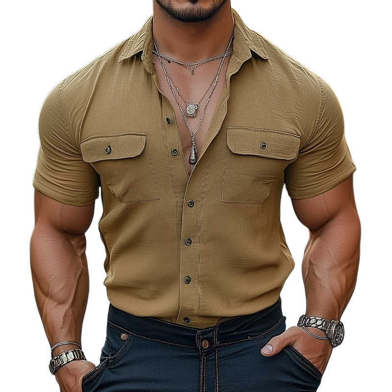 Men's Summer Basic Textured Button Short Sleeve Shirt MTA2350D8U