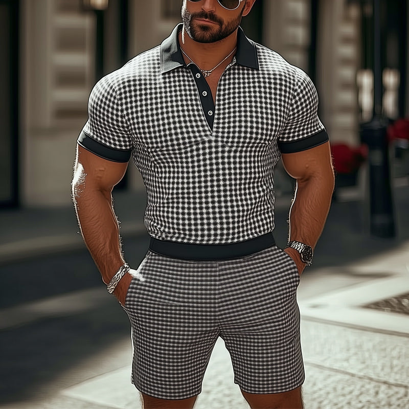 Men's Summer Classic Business Printed POLO Shirt Shorts Set MTA2452D5U