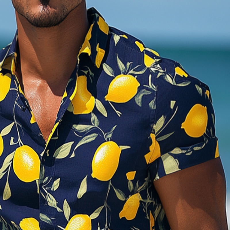 Men's Retro Casual Hawaiian Lemon Print Beach Lapel Short Sleeve Shirt MTA2491D8TO
