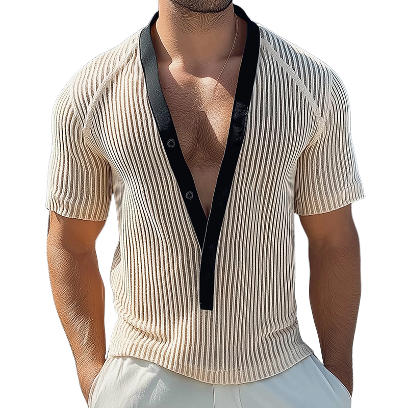Men's Retro Casual Mesh Knit Collarless Short Sleeve Shirt MTA2457D5TO