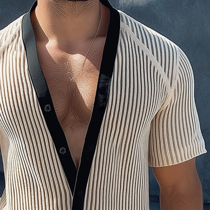 Men's Retro Casual Mesh Knit Collarless Short Sleeve Shirt MTA2457D5TO