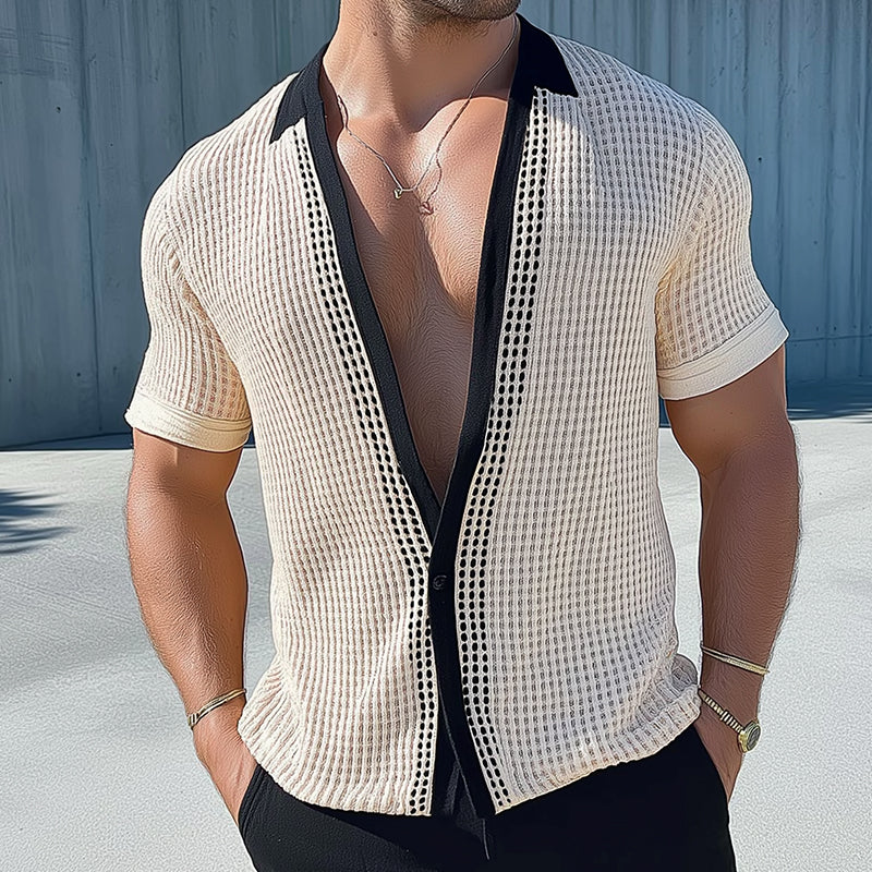 Men's Retro Casual Mesh Knit Collarless Short Sleeve Shirt MTA2431D2TO