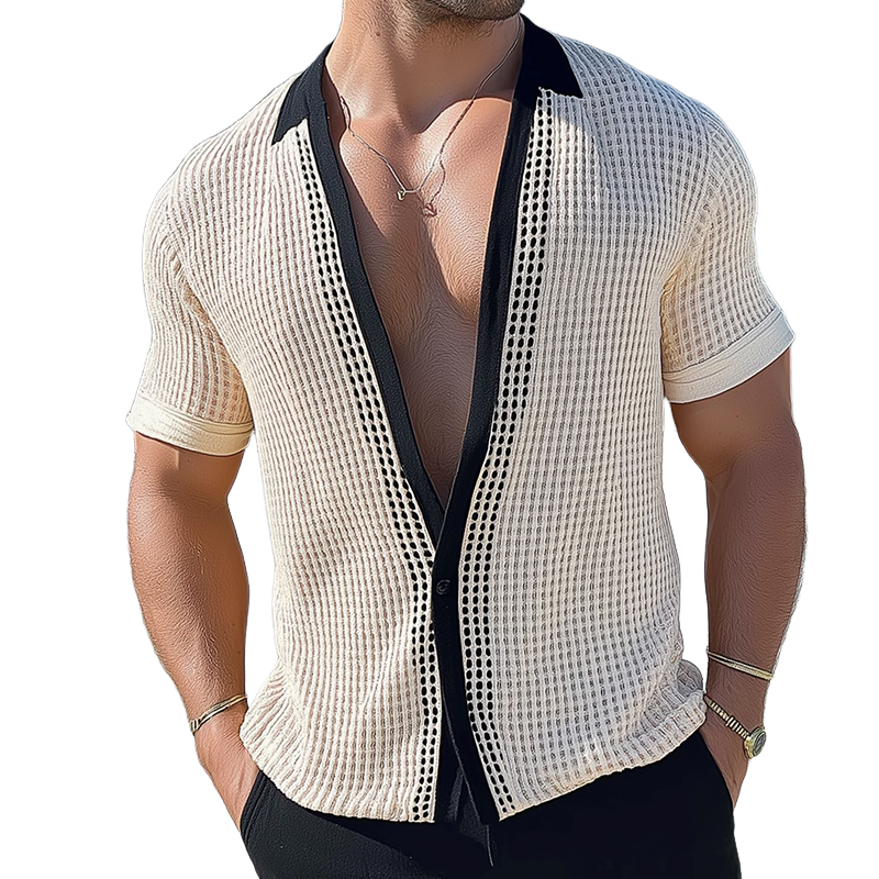 Men's Retro Casual Mesh Knit Collarless Short Sleeve Shirt MTA2431D2TO