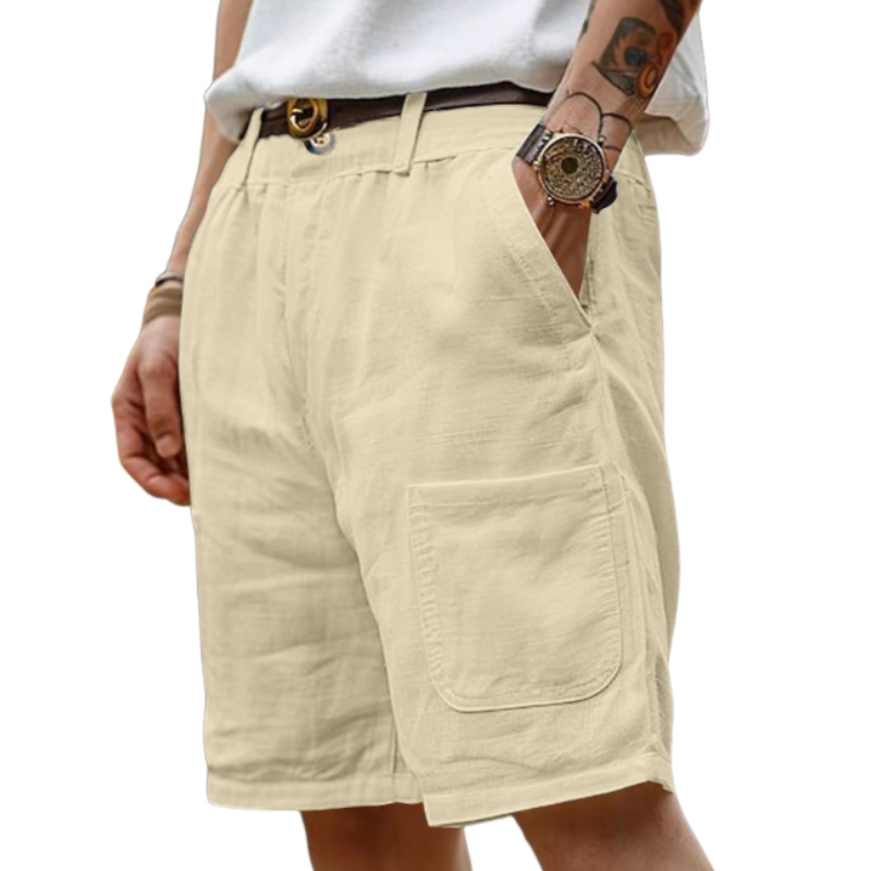 Men's Casual Breathable Cotton Linen Multi-Pocket Loose Suit Shorts (Belt Excluded) MTA2391D0M