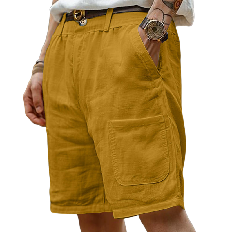 Men's Casual Breathable Cotton Linen Multi-Pocket Loose Suit Shorts (Belt Excluded) MTA2391D0M