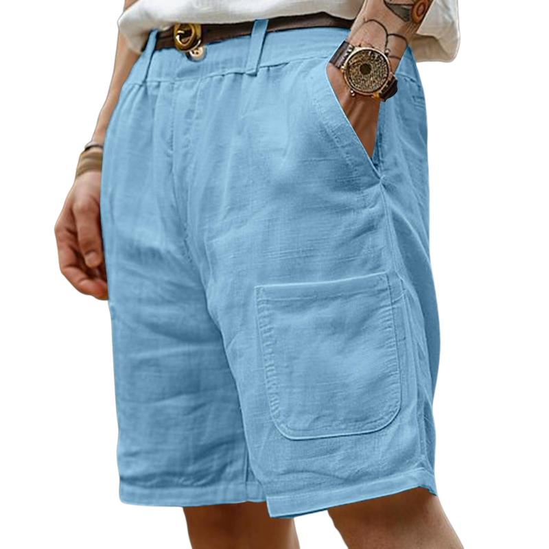 Men's Casual Breathable Cotton Linen Multi-Pocket Loose Suit Shorts (Belt Excluded) MTA2391D0M