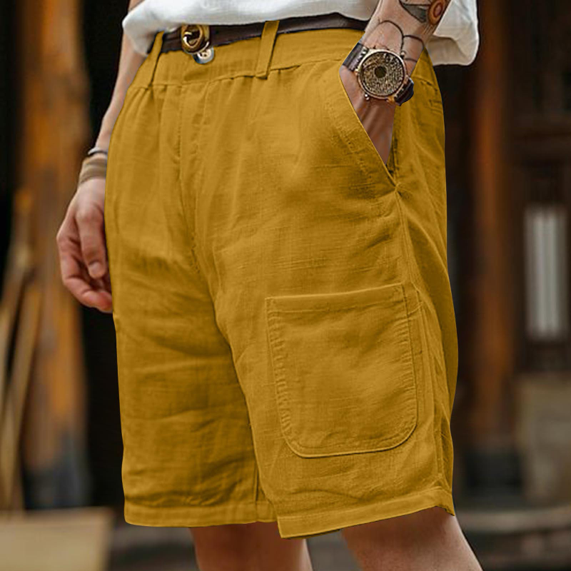 Men's Casual Breathable Cotton Linen Multi-Pocket Loose Suit Shorts (Belt Excluded) MTA2391D0M