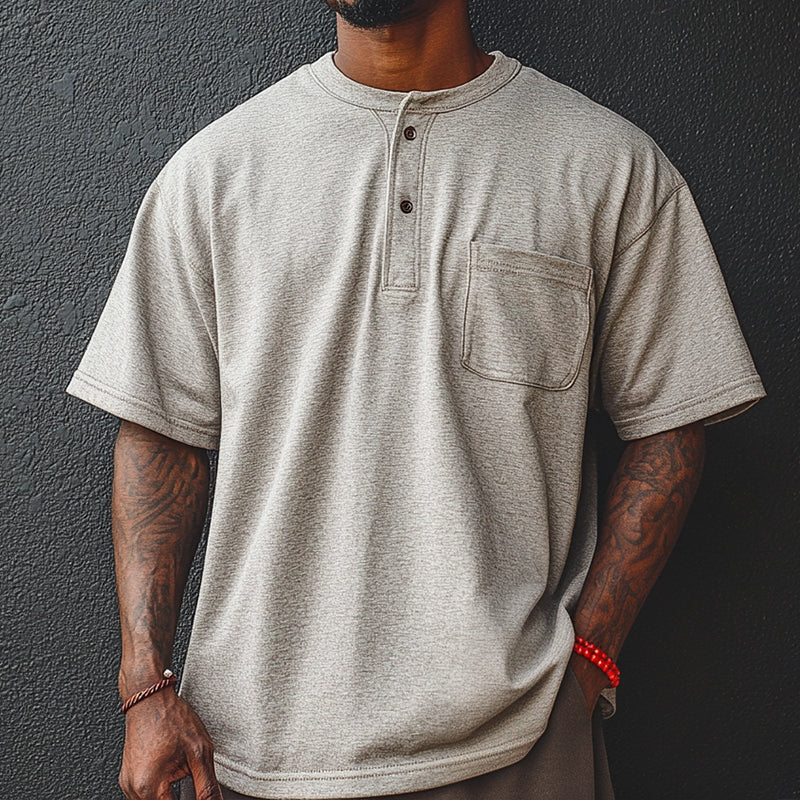 Men's Vintage Casual Henley Collar Pocket Short Sleeve T-Shirt MTA2427D2TO