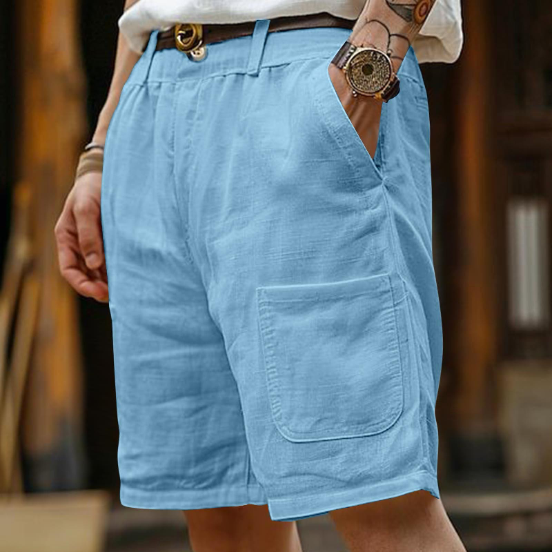 Men's Casual Breathable Cotton Linen Multi-Pocket Loose Suit Shorts (Belt Excluded) MTA2391D0M