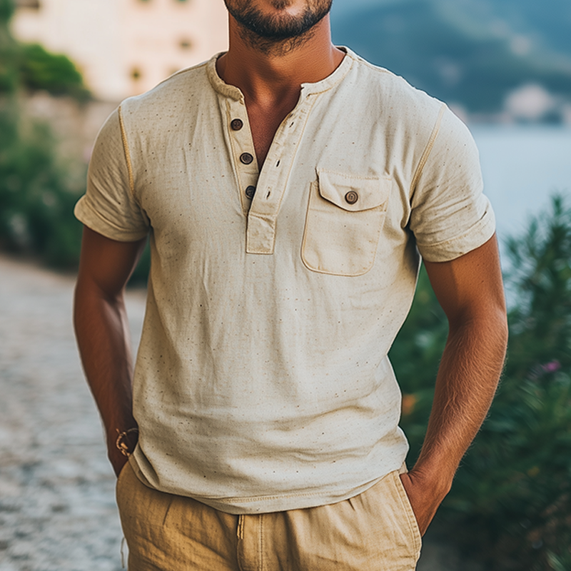 Men's Summer Fashion Classic Casual Hemp Henley Collar Short Sleeve T-Shirt MTA2415D0K