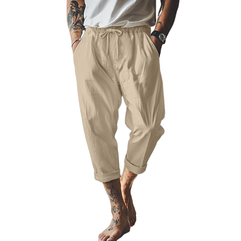 Men's Casual Breathable Cotton Linen Elastic Waist Loose Holiday Capri Pants MTA2346D4M