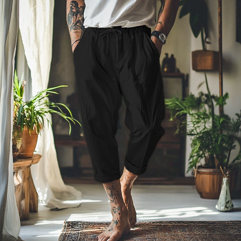 Men's Casual Breathable Cotton Linen Elastic Waist Loose Holiday Capri Pants MTA2346D4M