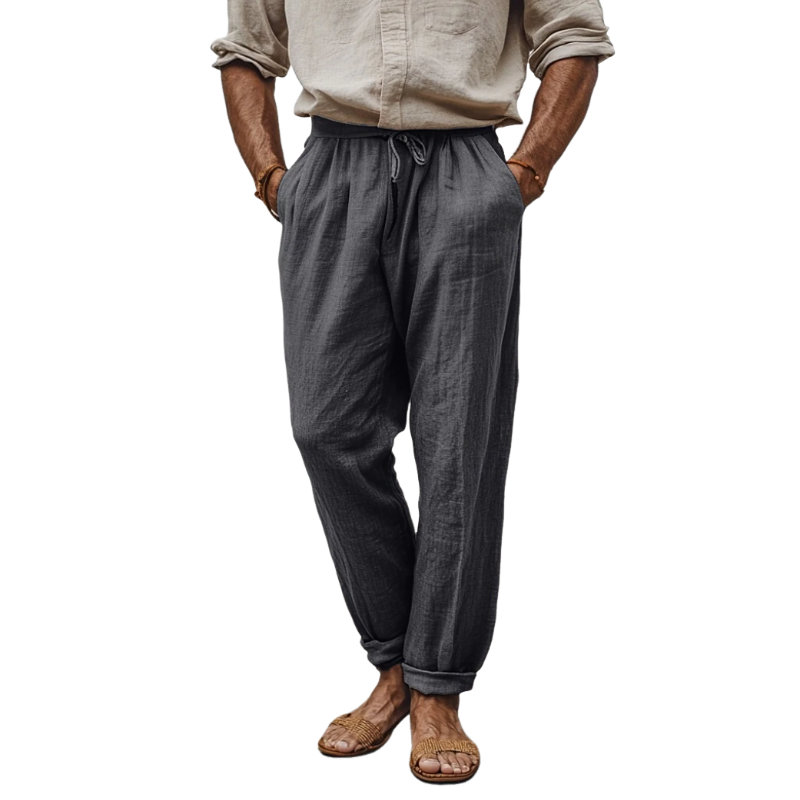 Men's Casual Breathable Cotton Linen Elastic Waist Loose Holiday Tapered Pants MTA2314D2M