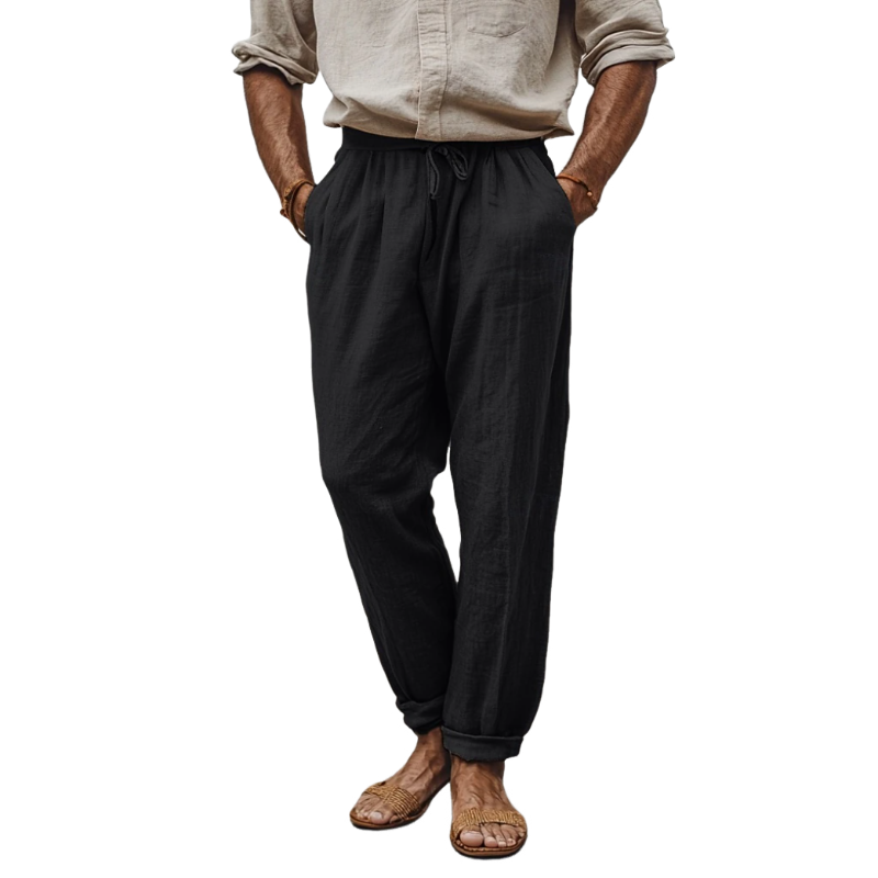 Men's Casual Breathable Cotton Linen Elastic Waist Loose Holiday Tapered Pants MTA2314D2M
