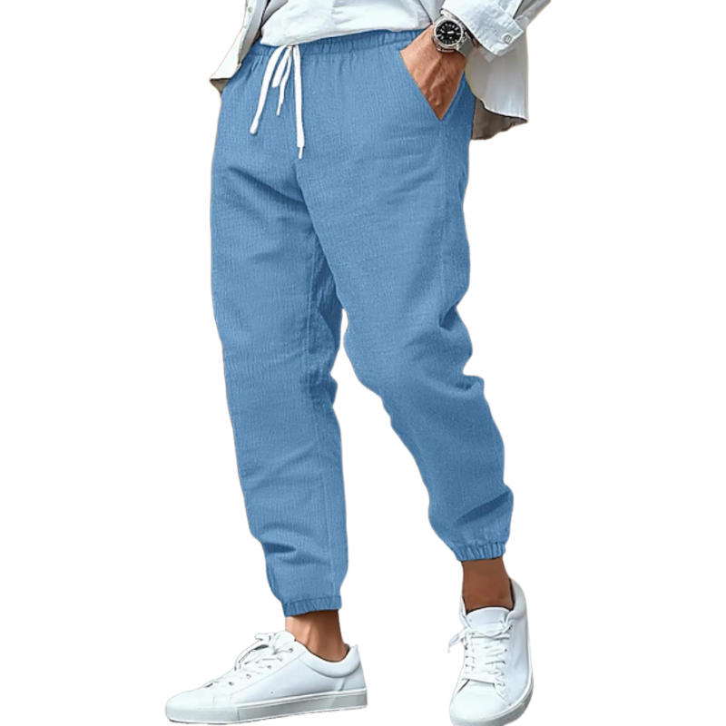 Men's Casual Breathable Cotton Linen Elastic Waist Holiday Tapered Pants MTA2347D6M