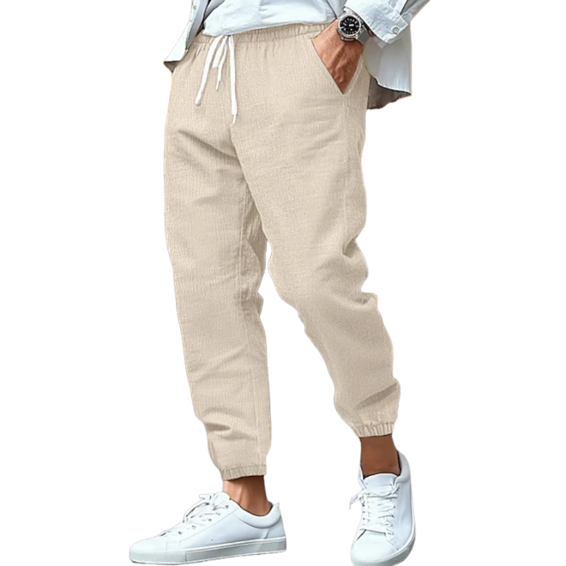 Men's Casual Breathable Cotton Linen Elastic Waist Holiday Tapered Pants MTA2347D6M