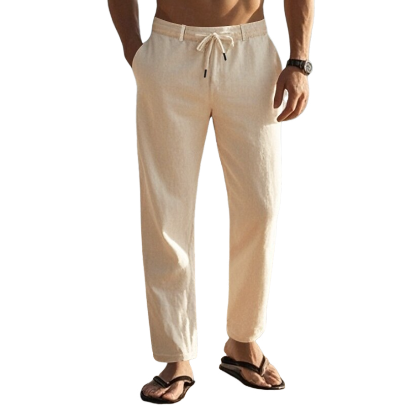 Men's Casual Breathable Cotton Linen Elastic Waist Straight Vacation Pants MTA2335D3M