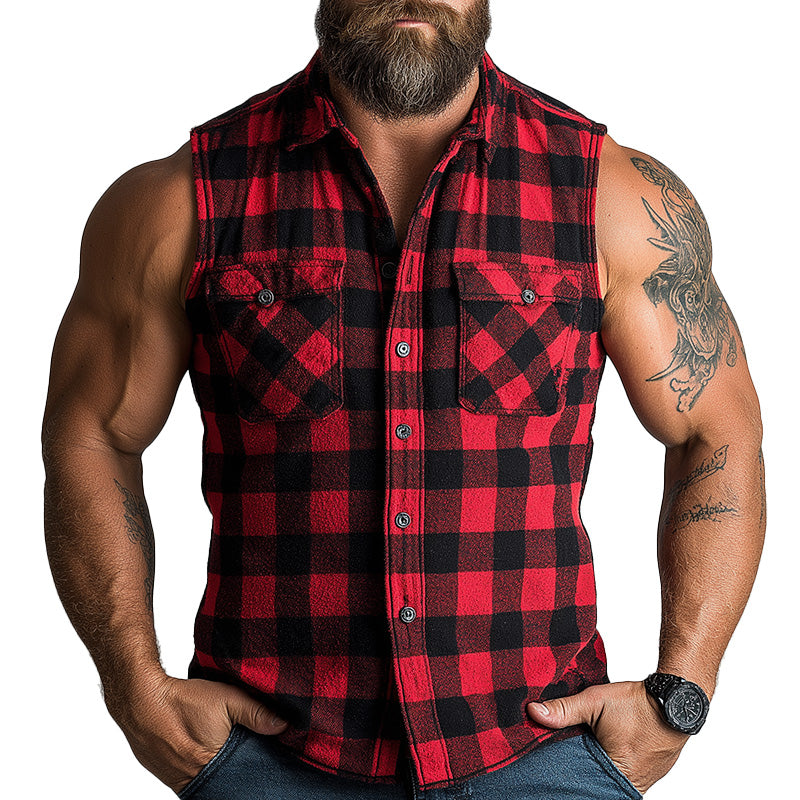 Men's Summer Cotton and Linen Blend Plaid Print Sleeveless Tank Top MTA2402D1P