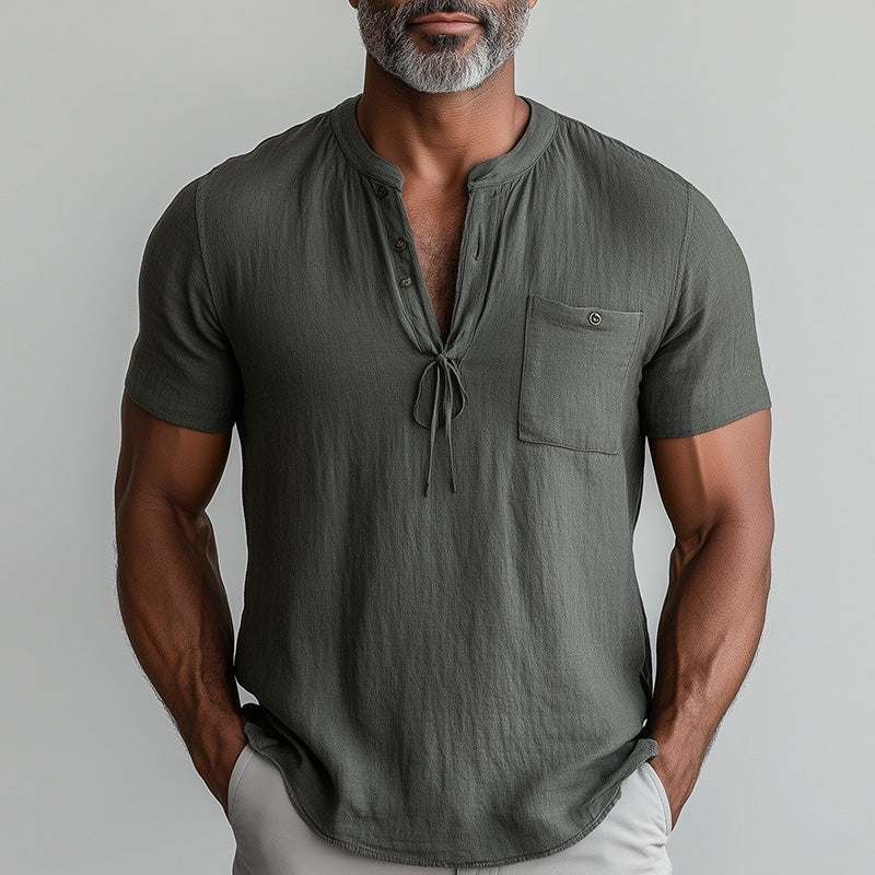 Men's Summer Linen Blend Short Sleeve Lace-Up Henley Shirt MTA2406D0P