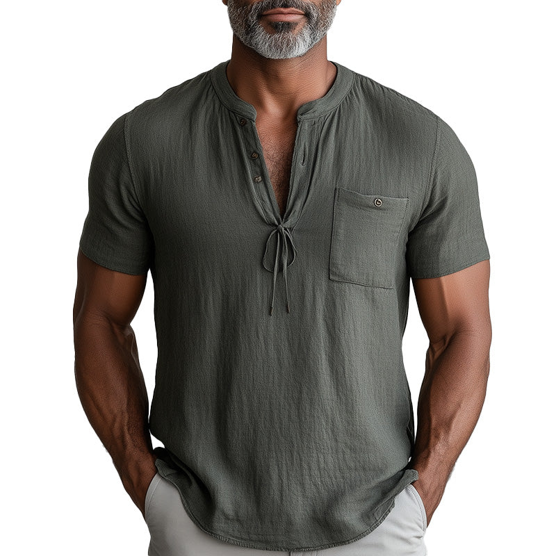 Men's Summer Linen Blend Short Sleeve Lace-Up Henley Shirt MTA2406D0P