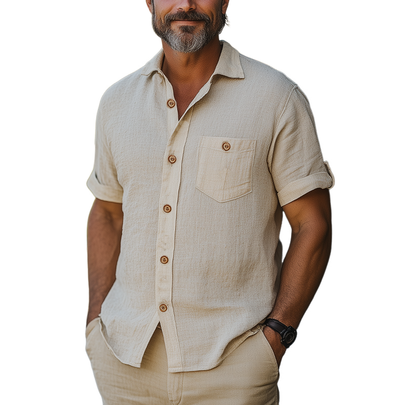 Men's Summer Fashion Casual Vacation Style Hemp Pocket Short-sleeved Shirt MTA2450D4K