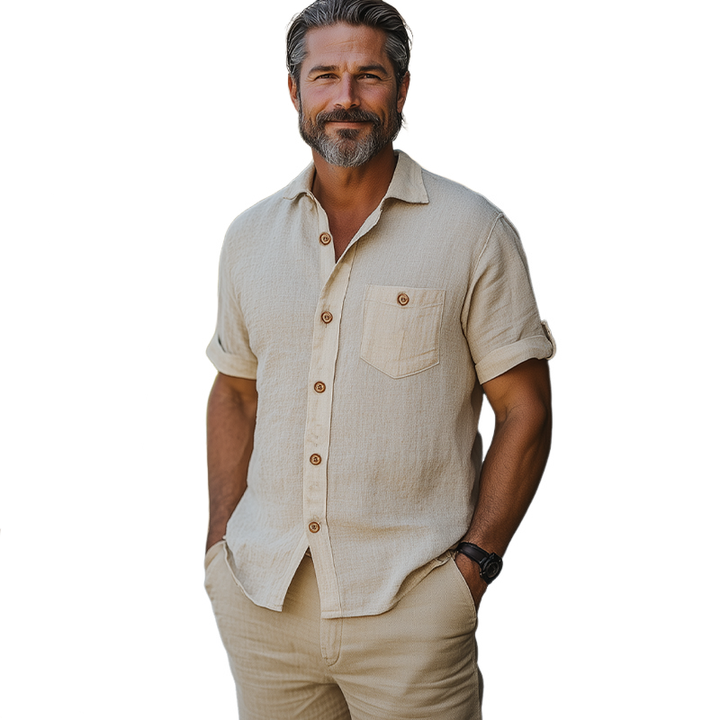 Men's Summer Fashion Casual Vacation Style Hemp Pocket Short-sleeved Shirt MTA2450D4K