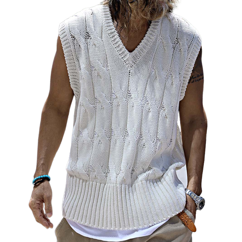 Men's Retro Casual Solid Color Knitted Crew Neck Tank Top MTA2265D3TO