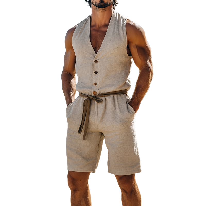 Men's Summer Fashion Casual Hawaiian Holiday Style Cotton and linen Wooden Button Jumpsuit（Without belt） MTA2501D7K