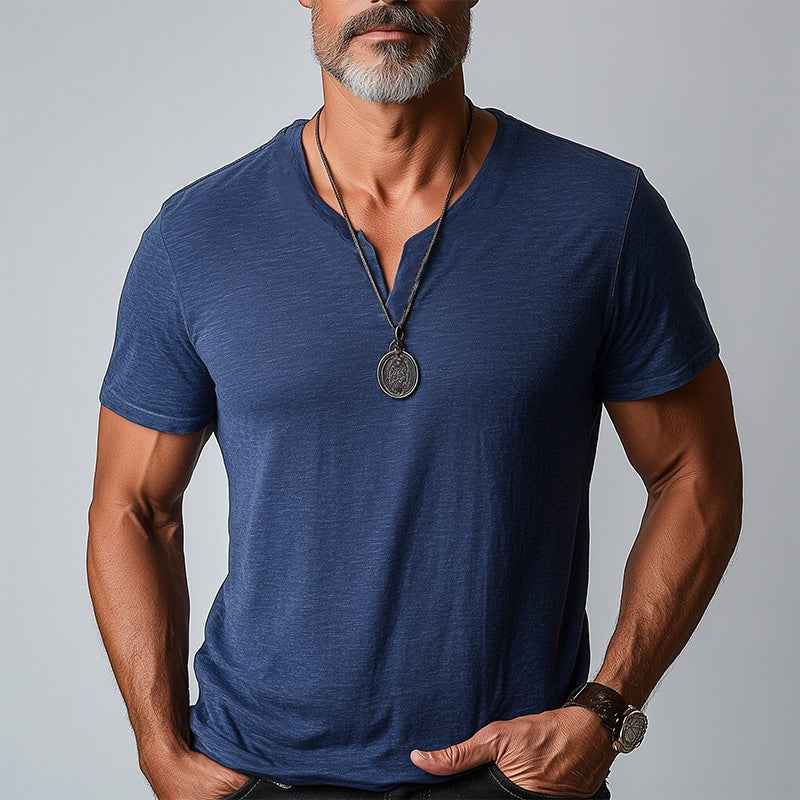 Men's Summer Fashion Linen Blend Breathable And Comfortable Short-Sleeved T-Shirt MTA2518D1P