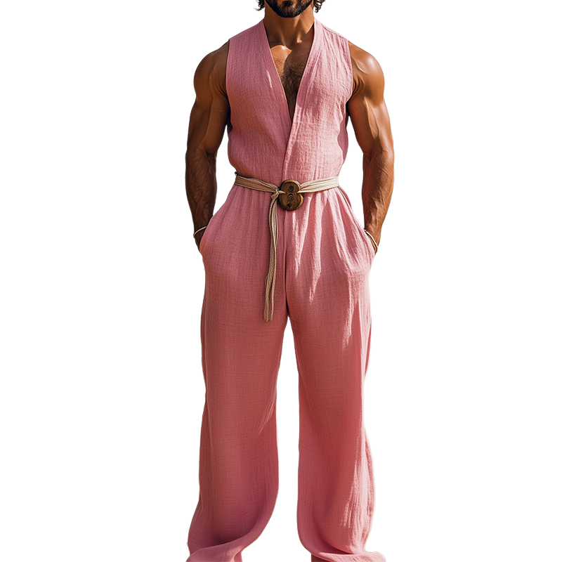Men's Summer Fashion Hawaiian Vacation Style Cotton and Linen Deep V-Neck Jumpsuit (Without Belt) MTA2553D2K