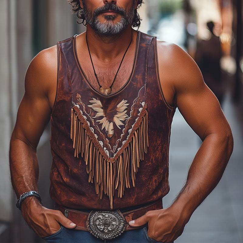 Men's Summer Retro Printed Tassel Stitching Tank Top MTA2543D5U