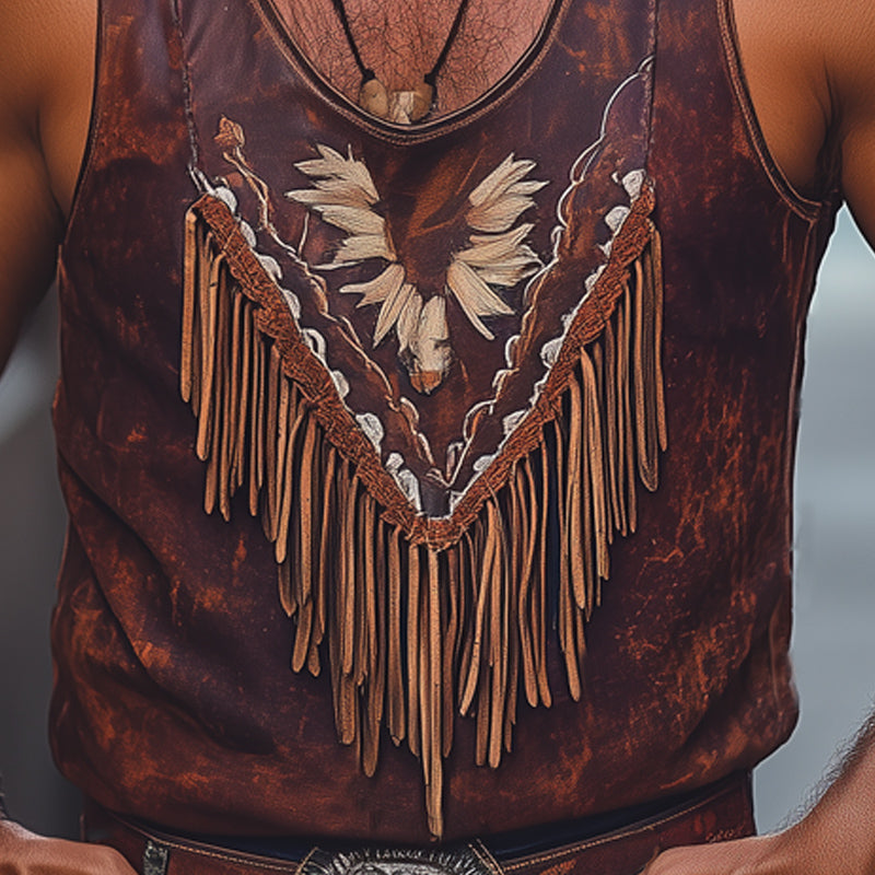 Men's Summer Retro Printed Tassel Stitching Tank Top MTA2543D5U