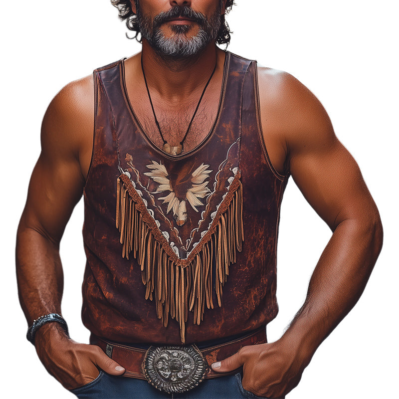 Men's Summer Retro Printed Tassel Stitching Tank Top MTA2543D5U