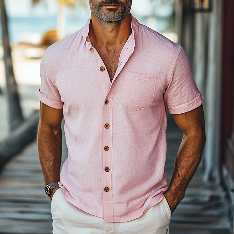 Men's Summer Fashion Casual Hawaiian Resort Style Ramie Short Sleeve Shirt MTA2508D5K
