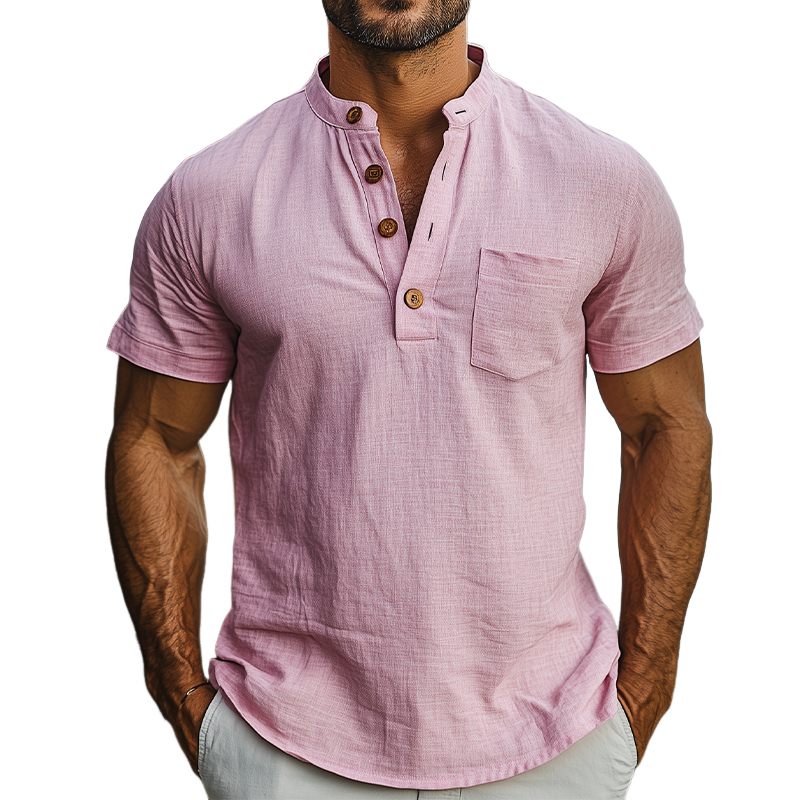 Men's Summer Fashion Casual Hawaiian Vacation Style Ramie Henley Collar Short Sleeve T-Shirt MTA2570D3K