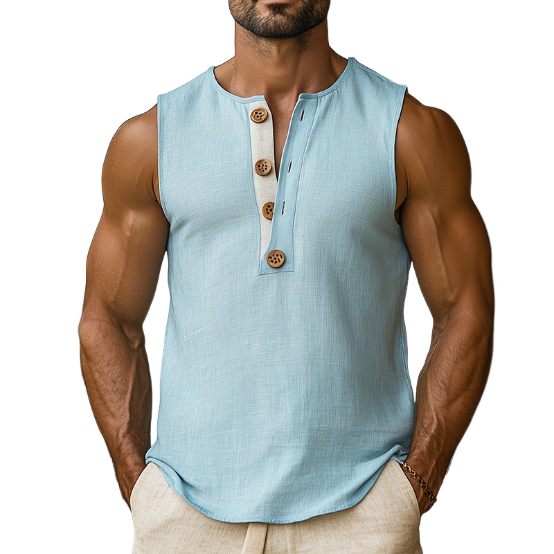 Men's Summer Fashion Hawaiian Vacation Style Ramie Henley Collar Wooden Button Tank Top MTA2590D8K