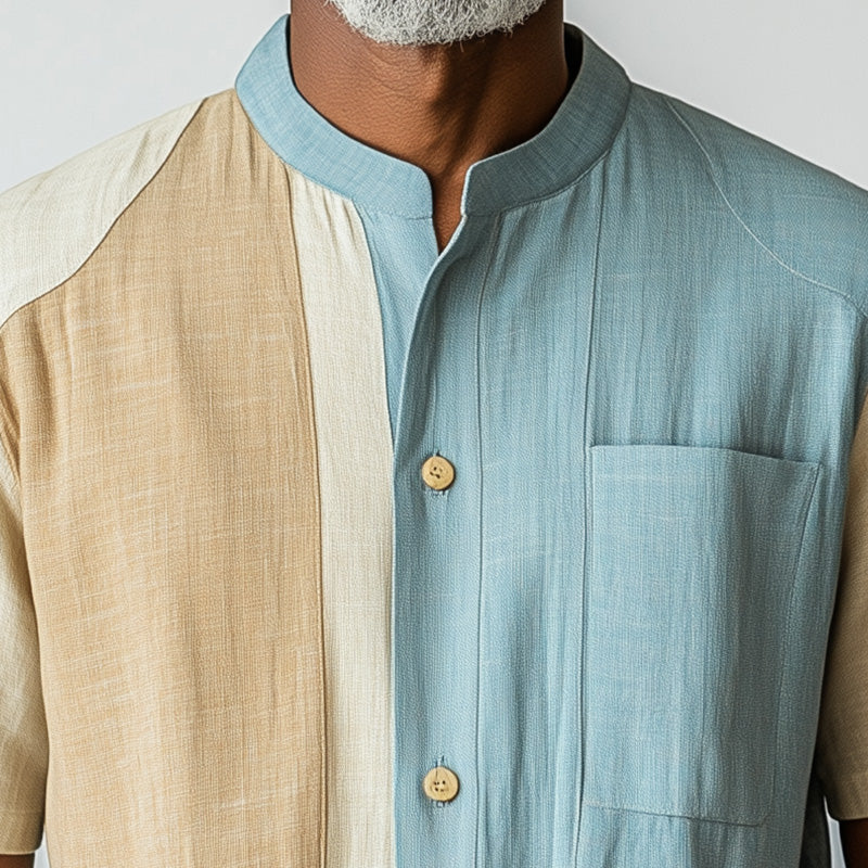 Men's Summer Fashion Colorblock Linen Blended Short Sleeve Shirt MTA2557D6P