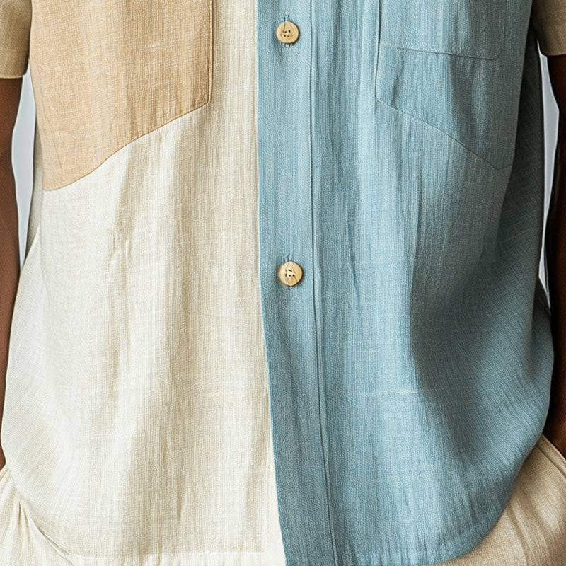 Men's Summer Fashion Colorblock Linen Blended Short Sleeve Shirt MTA2557D6P