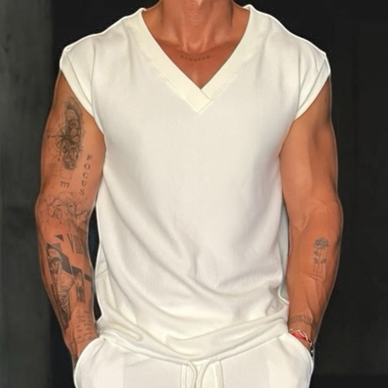 Men's Casual High Quality Breathable Cotton V-Neck Loose Tank Top MTA2463D0M