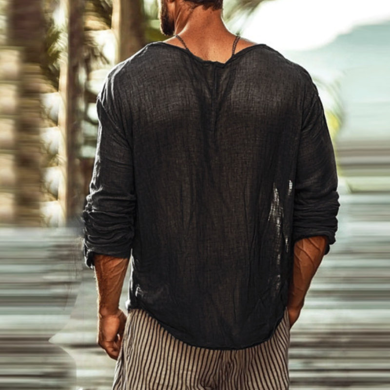 Men's Casual Breathable Cotton Linen U-Neck Loose Long Sleeve T-Shirt MTA2483D7M