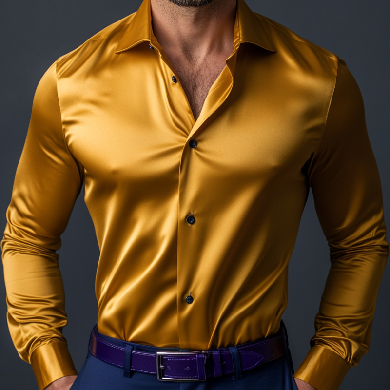 Men's Vintage Satin Lapel Single Breasted Slim Fit Long Sleeve Shirt MTA2591D7M