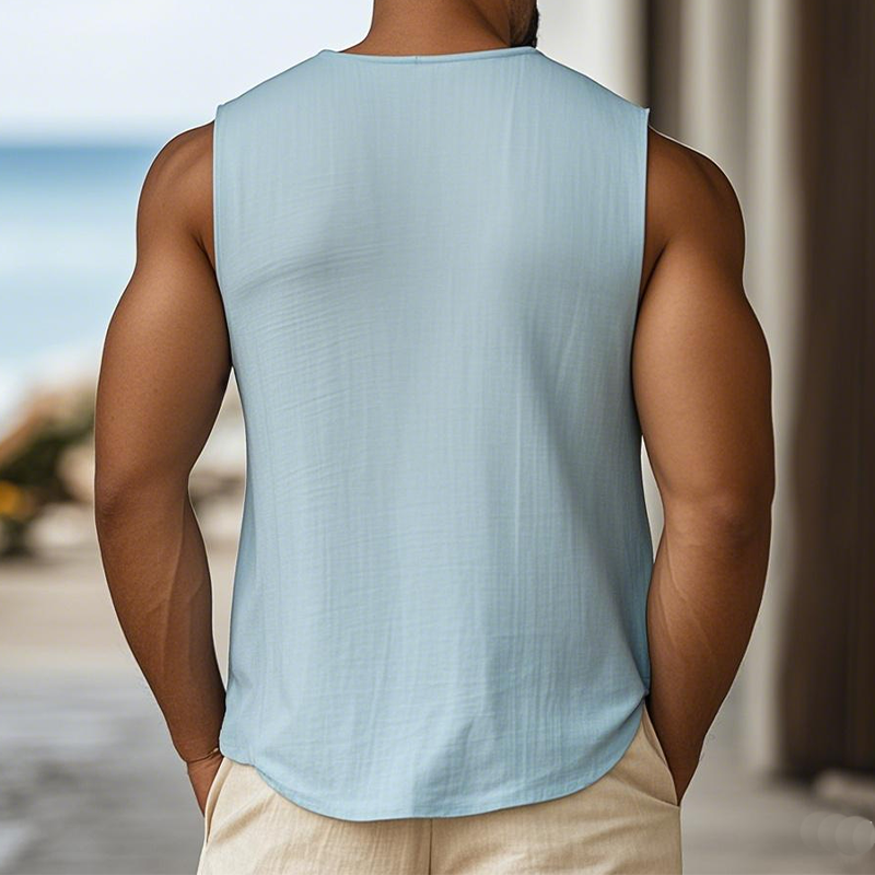Men's Summer Fashion Hawaiian Vacation Style Ramie Henley Collar Wooden Button Tank Top MTA2590D8K