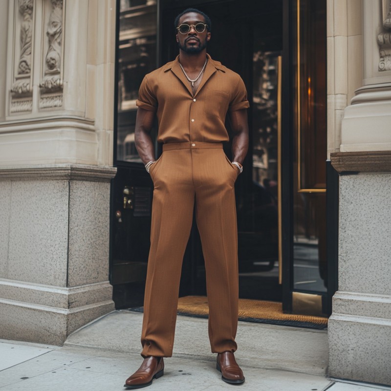 Men's Casual Breathable Cotton Linen Lapel Patch Pocket Short Sleeve Slim Fit Jumpsuit MTA2517D4M