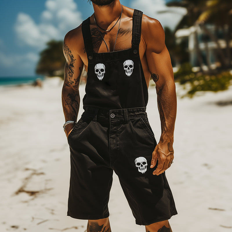 Menns Retro Casual Skull Print Denim Bib Shorts MTA2500D0TO