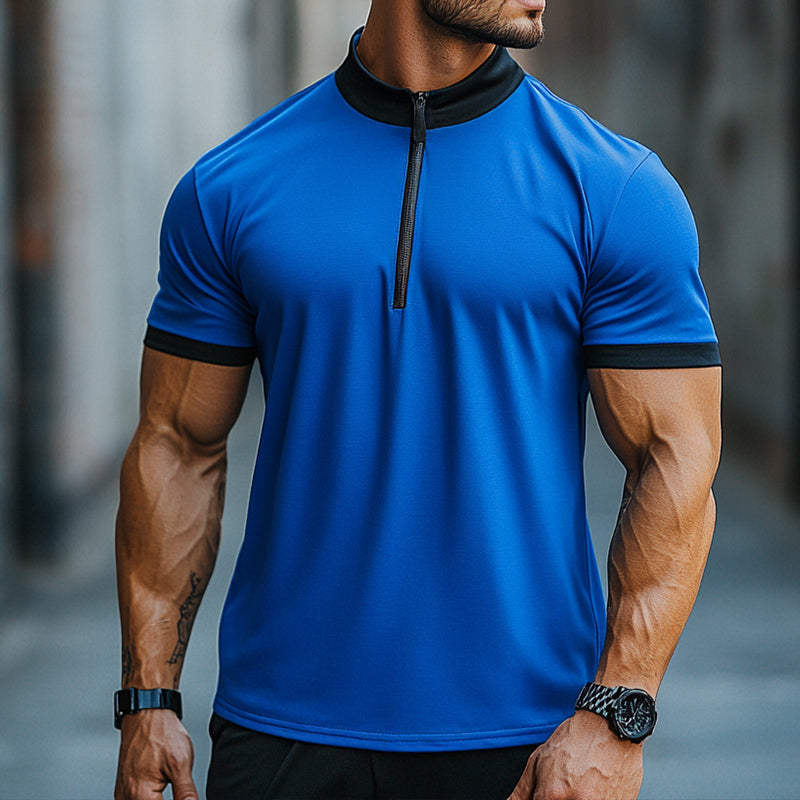 Men's Retro Casual Cotton Colorblock Zipper Stand Collar Short Sleeve T-shirt MTA2568D0TO