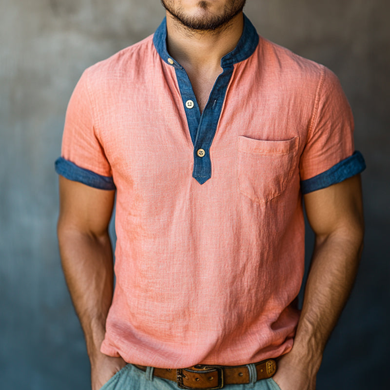 Men's Retro Casual Washed Linen Colorblock Henley Collar Short Sleeve Shirt MTA2505D7TO