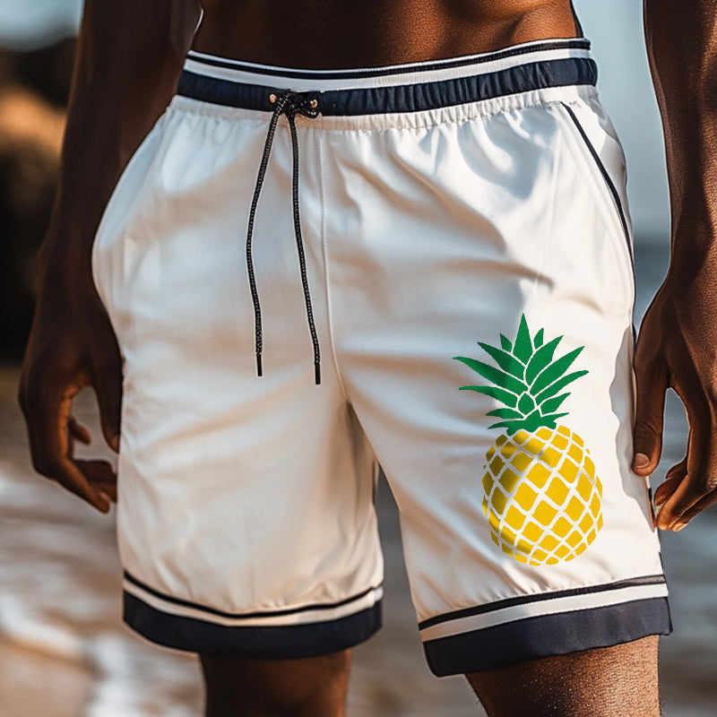 Men's Retro Casual Hawaiian Pineapple Print Beach Drawstring Shorts MTA2595D3TO