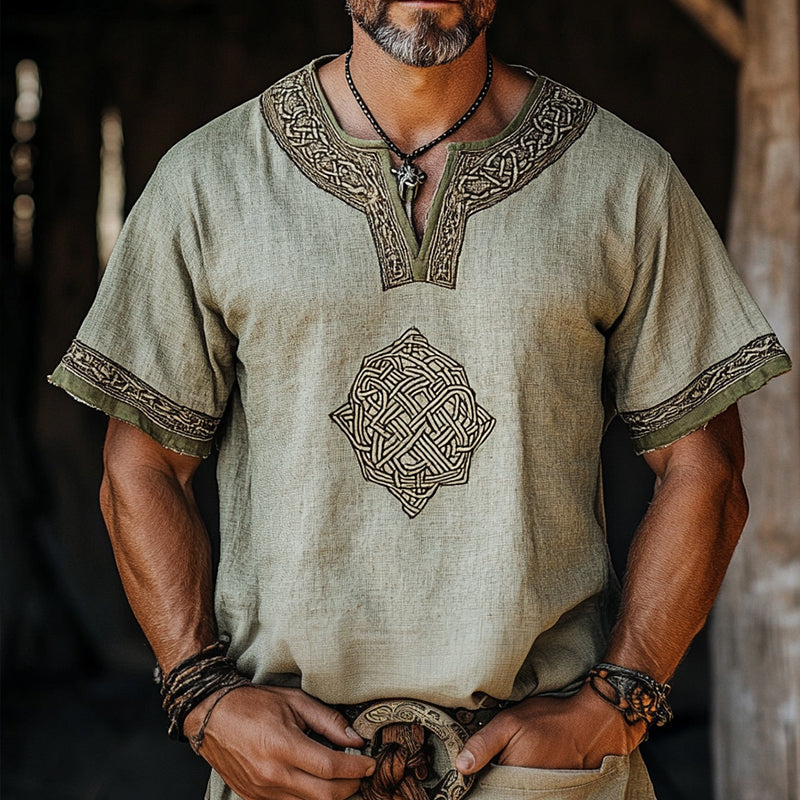 Men's Retro Casual Viking Totem Collarless Linen Short Sleeve Shirt MTA2516D3TO