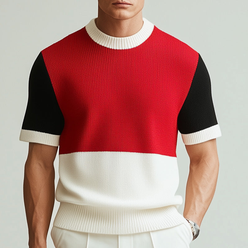 Men's Summer Contrast Color Thin Knitted Breathable Short-Sleeved T-Shirt MTA2562D0P